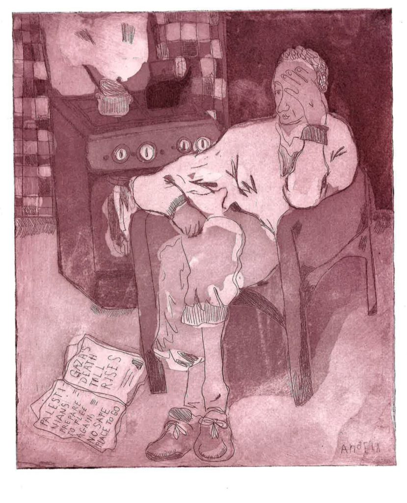 Reading news in a cosy place, etching and aquatint